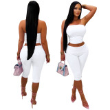 Spring Summer Women's Sexy Slim Fit Strapless Top & Double Waistband Shorts Two-Piece Set