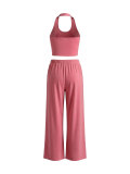 Women's Halter Neck Slim Fit Tank Top & Drawstring Wide Leg Pants Casual Sports Set
