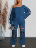 Women's Ripped Off-Shoulder Long Sleeve Top & Ripped Pants Sports Two-Piece Set