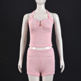 Women Striped Color-Blocked Off-Shoulder Camisole Top and Shorts Two-Piece Set