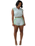 Women's Striped Print Half-Zip Sleeveless Top & Patchwork Shorts Two-Piece Set