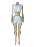 Women's Striped Print Half-Zip Sleeveless Top & Patchwork Shorts Two-Piece Set