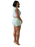 Women's Striped Print Half-Zip Sleeveless Top & Patchwork Shorts Two-Piece Set