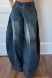 Women Washed Denim Wide Leg Pants With Pockets