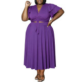Women's Plus Size V-Neck Pocket Tie-Waist Ruffle Sleeve Skirt Set