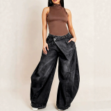 Women Washed Denim Wide Leg Pants With Pockets