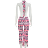 Women Summer Halter Neck Print Hollow-out Gathered Ribbon 3/4 Length Jumpsuit