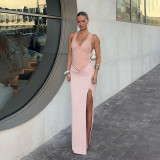 Women Summer V Neck Lace Hollow-Out Patchwork Slit Dress