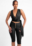 Women Summer Drop Neck Sleeveless Lace-up Top Zipper Shorts Two-piece Set