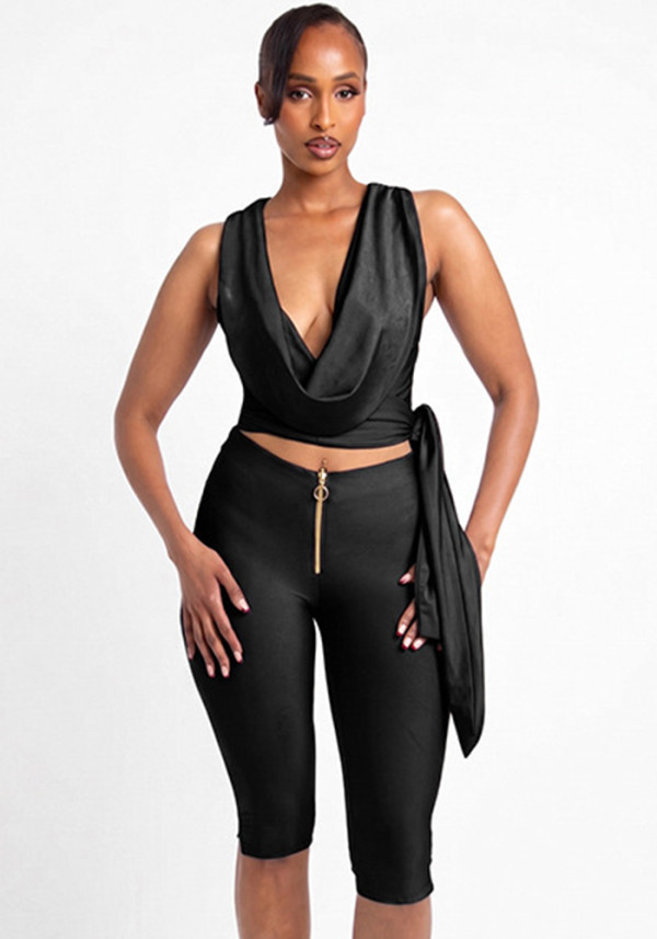 Women Summer Drop Neck Sleeveless Lace-up Top Zipper Shorts Two-piece Set
