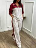 Women's Color Block Striped Half-Zip Top & Side Stripe Wide Leg Pants Set