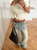 Women Summer Solid Off-Shoulder Short-Sleeve Top