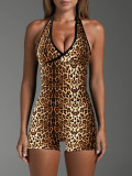 Women's Sexy Color Block Halter Neck Slim Fit Bodysuit