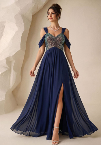 Women Sequin Patchwork Slit Chiffon Maxi Dress