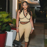 Women Halter Neck Lace-Up Backless Tie-Waist Solid Top and Three-Quarter Pant Two-Piece Set