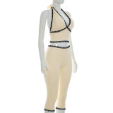 Women Halter Neck Lace-Up Backless Tie-Waist Solid Top and Three-Quarter Pant Two-Piece Set