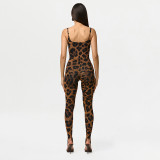 Women Spring/Summer Leopard Print U-neck Top and Stirrup Pant Two-piece Set