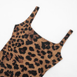 Women Spring/Summer Leopard Print U-neck Top and Stirrup Pant Two-piece Set