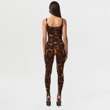 Women Spring/Summer Leopard Print U-neck Top and Stirrup Pant Two-piece Set