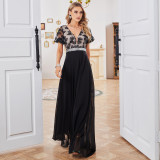 Women V-Neck Bubble Short Sleeve Mesh Pattern Patchwork Chiffon Dress