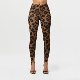 Women Spring/Summer Leopard Print U-neck Top and Stirrup Pant Two-piece Set