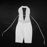 Women Halter Neck Backless Lace-up V-neck Patchwork Lace 3/4 Length Jumpsuit