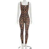 Women Spring/Summer Leopard Print U-neck Top and Stirrup Pant Two-piece Set