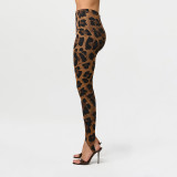 Women Spring/Summer Leopard Print U-neck Top and Stirrup Pant Two-piece Set