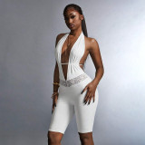 Women Halter Neck Backless Lace-up V-neck Patchwork Lace 3/4 Length Jumpsuit
