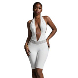 Women Halter Neck Backless Lace-up V-neck Patchwork Lace 3/4 Length Jumpsuit
