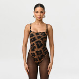 Women Spring/Summer Leopard Print U-neck Top and Stirrup Pant Two-piece Set