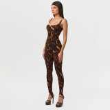 Women Spring/Summer Leopard Print U-neck Top and Stirrup Pant Two-piece Set