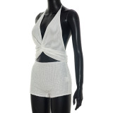 Women V-Neck Halter Neck Tie-Waist Crop Top and Sequined Shorts Two-Piece Set