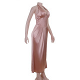Women Summer Satin V Neck Waist-cinching Dress