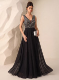 Women Deep V-Neck Sleeveless Sequined Patchwork Chiffon Maxi Dress