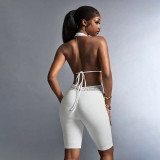 Women Halter Neck Backless Lace-up V-neck Patchwork Lace 3/4 Length Jumpsuit
