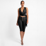 Women Summer Drop Neck Sleeveless Lace-up Top Zipper Shorts Two-piece Set