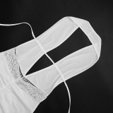 Women Halter Neck Backless Lace-up V-neck Patchwork Lace 3/4 Length Jumpsuit