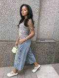 Women Spring/Summer Multi-Color Button Wide-Leg Denim Pant