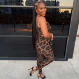 Women Spring/Summer Leopard Print U-neck Top and Stirrup Pant Two-piece Set