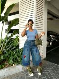Women Spring/Summer Retro Fun Embroidered Wide-Leg Denim Pant