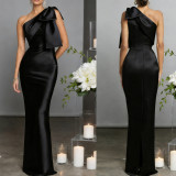 Elegant Dark Blue Satin One Shoulder Split Formal Party Evening Dress