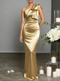 Elegant Dark Blue Satin One Shoulder Split Formal Party Evening Dress