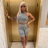 Women Leopard Print Camisole Crop Top and Shorts Two-piece Set