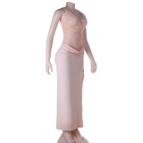 Women Summer V Neck Lace Hollow-Out Patchwork Slit Dress