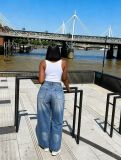 Women Layered Washed Denim Pant