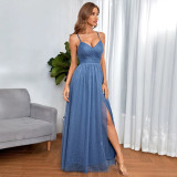 Women Cross Backless Slit Mesh Maxi Dress