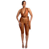 Women Summer Drop Neck Sleeveless Lace-up Top Zipper Shorts Two-piece Set