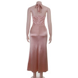 Women Summer Satin V Neck Waist-cinching Dress