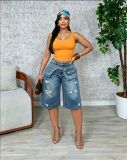 Women Faux Two-Piece Ripped Knee-Length Denim Shorts